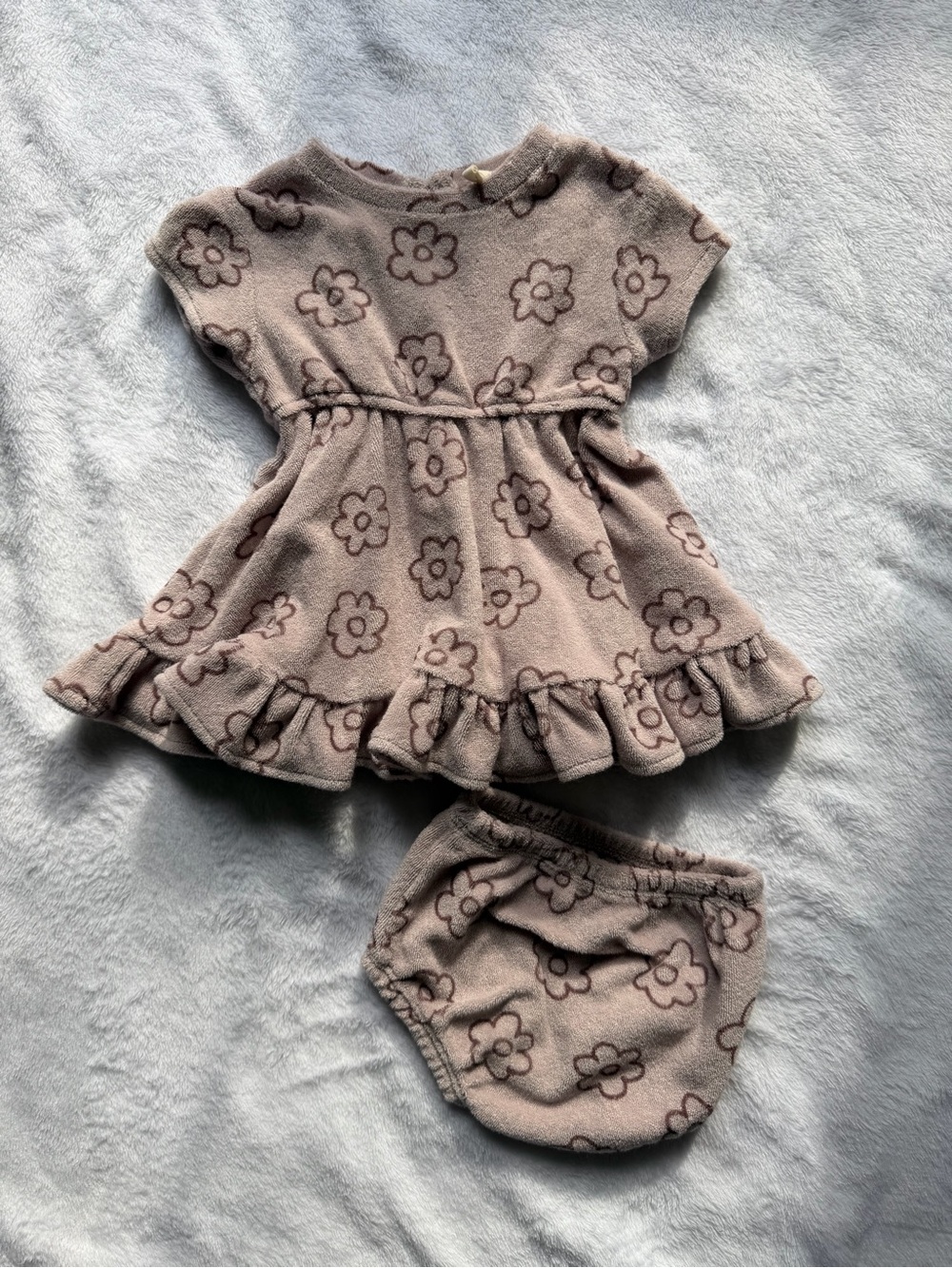 Quincy Mae Taupe Floral Plush Ruffle Dress & Diaper Cover